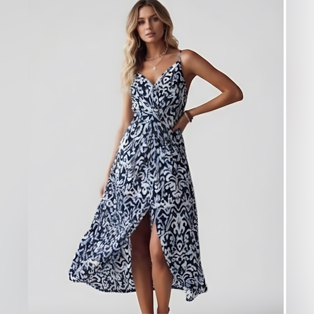 Printed Twisted Design Split Thigh Cami Dress Blue